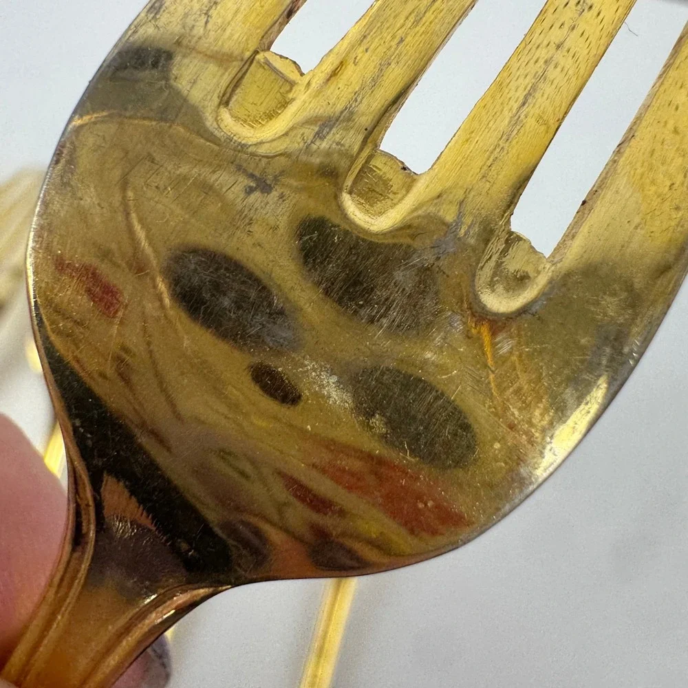 Vtg Royal Gallery Gold Tone Dinner Forks Set 6 Japan Flared Scroll Handle